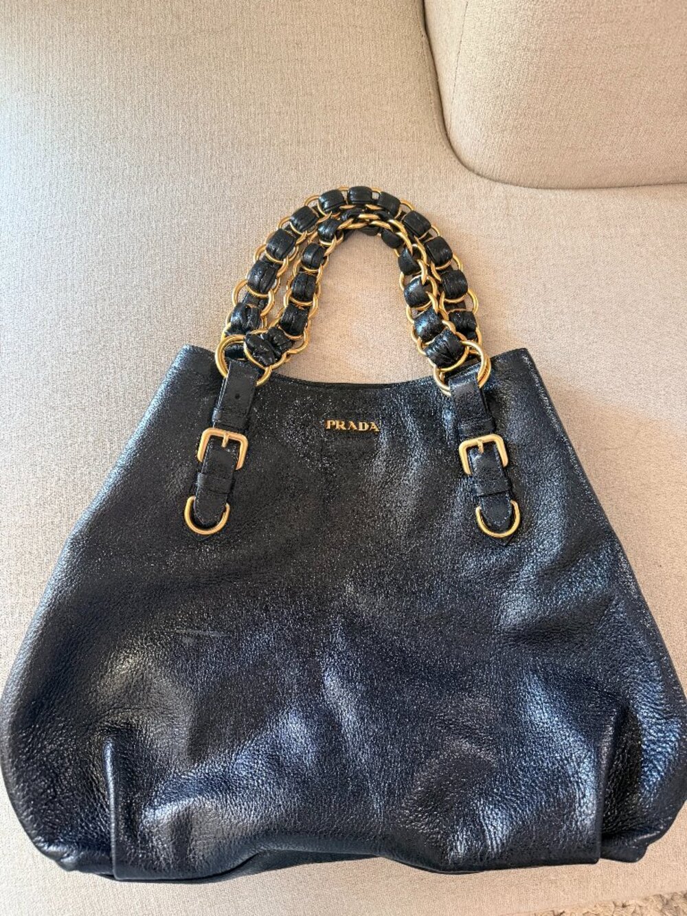 Prada Cervo Lux Leather Chain Tote - Black/gold - Picture 1 of 10
